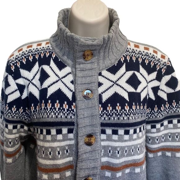 Nordic Snowflake Button Up Grandad Cardigan Sweater Gray Sz L - Picture 2 of 14